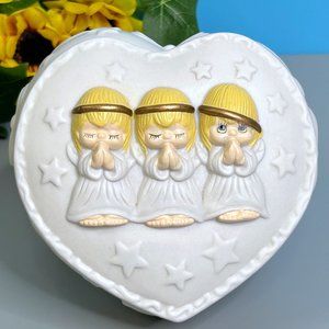 VTG Hallmark Houston Harvest Porcelain Bisque Heart‎ Trinket Box Praying Angels